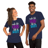 Make Life Good! 100% Cotton T-Shirt with Make Life Good! Life Is Short! Custom Graphic for Men & Women, Unisex Tee (Purple and Teal Lettering)